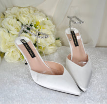 Load image into Gallery viewer, Bridal White Sandals Designer Satin Handmade Shoes with Crystal Ankle Strap Size UK7/US9.5
