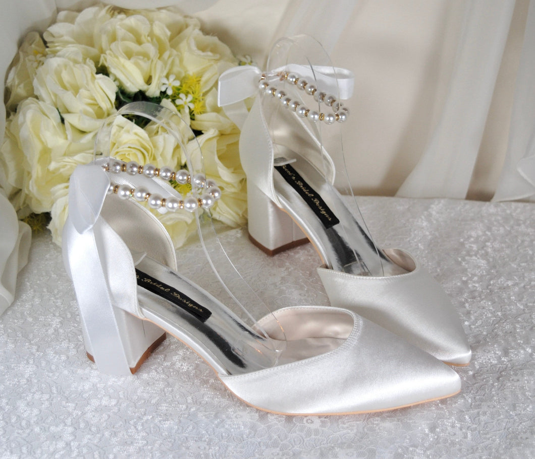 Handmade Satin Block Heel Sandals with Pearl Ankle Strap - Other Colours