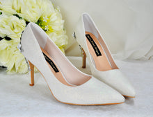 Load image into Gallery viewer, Ivory Shimmer Wedding Shoes with Silver &#39;Cherry Blossom&#39;, Embellished Bridal Shoes, Wedding Heels for Bride
