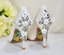 Load image into Gallery viewer, Ivory Shimmer Wedding Shoes with Silver &#39;Cherry Blossom&#39;, Embellished Bridal Shoes, Wedding Heels for Bride
