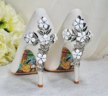 Load image into Gallery viewer, Ivory Shimmer Wedding Shoes with Silver &#39;Cherry Blossom&#39;, Embellished Bridal Shoes, Wedding Heels for Bride
