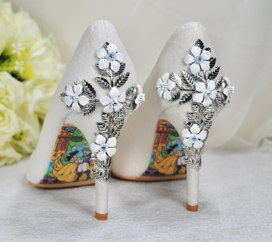 Ivory Shimmer Wedding Shoes with Silver 'Cherry Blossom', Embellished Bridal Shoes, Wedding Heels for Bride