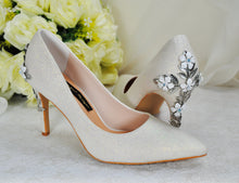 Load image into Gallery viewer, Ivory Shimmer Wedding Shoes with Silver &#39;Cherry Blossom&#39;, Embellished Bridal Shoes, Wedding Heels for Bride
