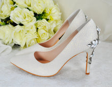 Load image into Gallery viewer, Ivory Shimmer Wedding Shoes with Silver &#39;Cherry Blossom&#39;, Embellished Bridal Shoes, Wedding Heels for Bride
