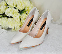 Load image into Gallery viewer, Ivory Shimmer Wedding Shoes with Silver &#39;Cherry Blossom&#39;, Embellished Bridal Shoes, Wedding Heels for Bride
