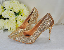 Load image into Gallery viewer, Gold Glitter Shoes, Beauty and the Beast 9cm - 7cm Heel
