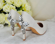 Load image into Gallery viewer, Ivory Shimmer Wedding Shoes with Silver &#39;Cherry Blossom&#39;, Embellished Bridal Shoes, Wedding Heels for Bride

