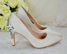 Load image into Gallery viewer, Ivory Shimmer Wedding Shoes with Silver &#39;Cherry Blossom&#39;, Embellished Bridal Shoes, Wedding Heels for Bride
