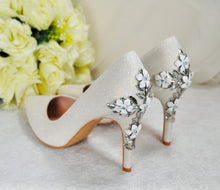 Load image into Gallery viewer, Ivory Shimmer Wedding Shoes with Silver &#39;Cherry Blossom&#39;, Embellished Bridal Shoes, Wedding Heels for Bride
