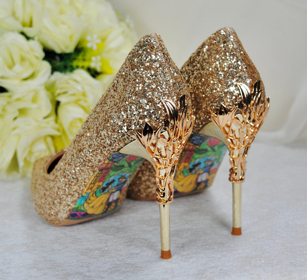 Gold Glitter Shoes, Beauty and the Beast 9cm - 7cm Heel