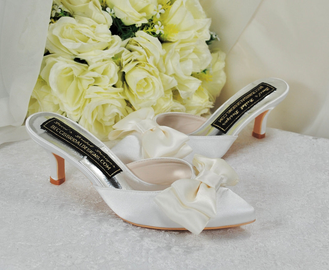 Ivory Satin Bridal Mules with Bow UK3/US5.5