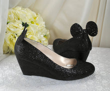 Load image into Gallery viewer, Wedge Heel Glitter Wedding Shoes, Disney Mouse Ears, Shoes for Bride. Any Colour
