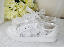 Load image into Gallery viewer, White Lace Bridal Shoes - Flat Wedding Trainers / Sneakers
