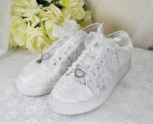 Load image into Gallery viewer, White Lace Bridal Shoes - Flat Wedding Trainers / Sneakers
