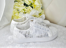 Load image into Gallery viewer, White Lace Bridal Shoes - Flat Wedding Trainers / Sneakers
