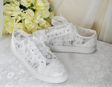 Load image into Gallery viewer, White Lace Bridal Shoes - Flat Wedding Trainers / Sneakers
