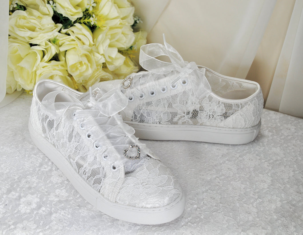 White Lace Bridal Shoes - Flat Wedding Trainers / Sneakers