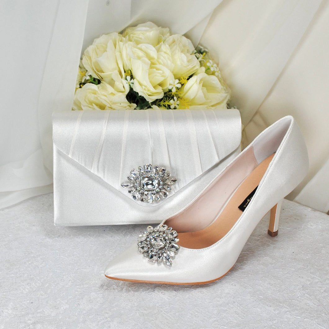 Beautiful Crystal Shoe Clips and Matching Bag - Handmade Clip for Shoes, Satin Bridal Bag, Clutch Bag for Bride, Wedding Accessories