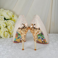 Load image into Gallery viewer, Light Gold Shimmer Wedding Shoes Beauty and the Beast Bridal Filigree Vine Heels
