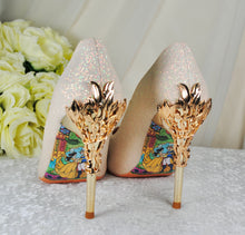 Load image into Gallery viewer, Light Gold Shimmer Wedding Shoes Beauty and the Beast Bridal Filigree Vine Heels
