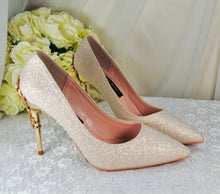 Load image into Gallery viewer, Light Gold Shimmer Wedding Shoes Beauty and the Beast Bridal Filigree Vine Heels
