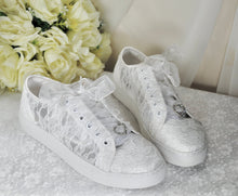 Load image into Gallery viewer, White Lace Bridal Shoes - Flat Wedding Trainers / Sneakers
