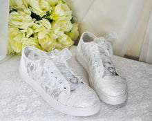 Load image into Gallery viewer, White Lace Bridal Shoes - Flat Wedding Trainers / Sneakers
