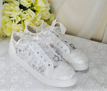 Load image into Gallery viewer, White Lace Bridal Shoes - Flat Wedding Trainers / Sneakers
