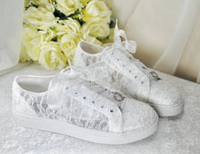 Load image into Gallery viewer, White Lace Bridal Shoes - Flat Wedding Trainers / Sneakers
