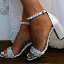 Load image into Gallery viewer, Ivory Block Heel Wedding Shoes with Pearl Details and Ankle Strap  UK5/US7.5
