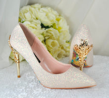 Load image into Gallery viewer, Light Gold Shimmer Wedding Shoes Beauty and the Beast Bridal Filigree Vine Heels
