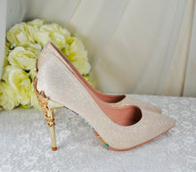 Load image into Gallery viewer, Light Gold Shimmer Wedding Shoes Beauty and the Beast Bridal Filigree Vine Heels
