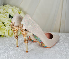 Load image into Gallery viewer, Light Gold Shimmer Wedding Shoes Beauty and the Beast Bridal Filigree Vine Heels
