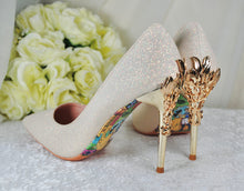 Load image into Gallery viewer, Light Gold Shimmer Wedding Shoes Beauty and the Beast Bridal Filigree Vine Heels
