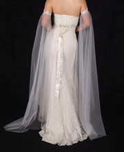 Load image into Gallery viewer, Bicep Wedding Cape with Lace, Detachable Dress Sleeves, Bridal Wings, Veil, Bride Cape
