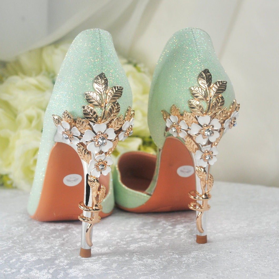 Green Bridal Shoes with Cherry Blossom Size UK6/US8.5