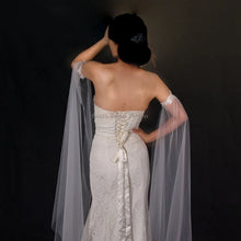 Load image into Gallery viewer, Bicep Wedding Cape with Lace, Detachable Dress Sleeves, Bridal Wings, Veil, Bride Cape
