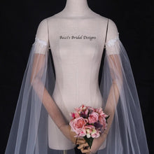 Load image into Gallery viewer, Bicep Wedding Cape with Lace, Detachable Dress Sleeves, Bridal Wings, Veil, Bride Cape
