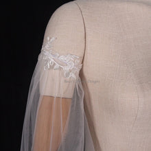 Load image into Gallery viewer, Bicep Wedding Cape with Lace, Detachable Dress Sleeves, Bridal Wings, Veil, Bride Cape
