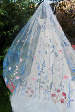 Load image into Gallery viewer, Blue Meadow Flower Floral Veil, Beautiful Wedding Veil with Blue Flowers
