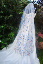 Load image into Gallery viewer, Blue Meadow Flower Floral Veil, Beautiful Wedding Veil with Blue Flowers
