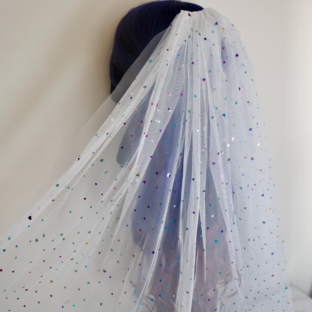 White Wedding Veil with Multicoloured Hearts and attached comb