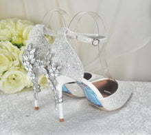 Load image into Gallery viewer, White Glitter Wedding Sandals with Silver &#39;Cherry Blossom&#39;
