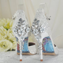 Load image into Gallery viewer, White Glitter Wedding Sandals with Silver &#39;Cherry Blossom&#39;
