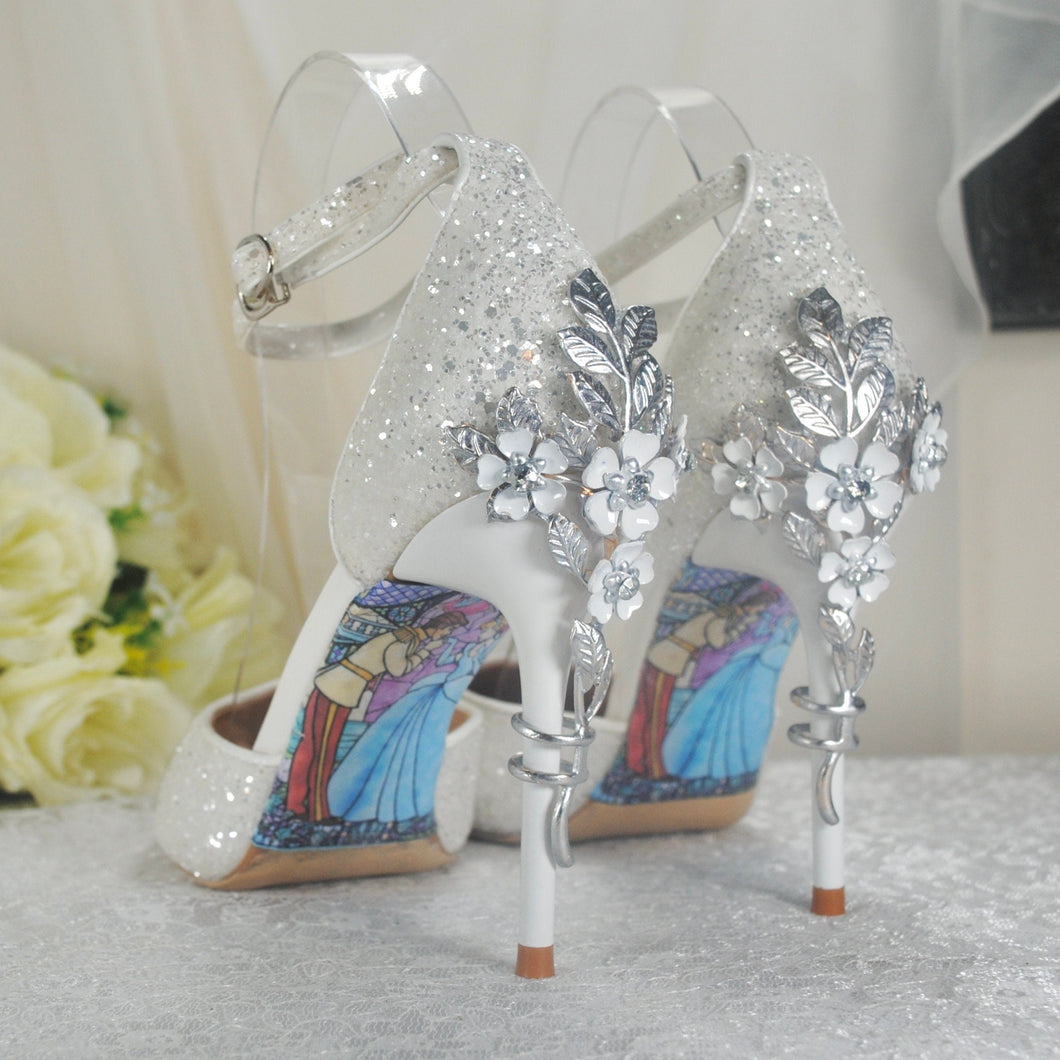 White Glitter Wedding Sandals with Silver 'Cherry Blossom'