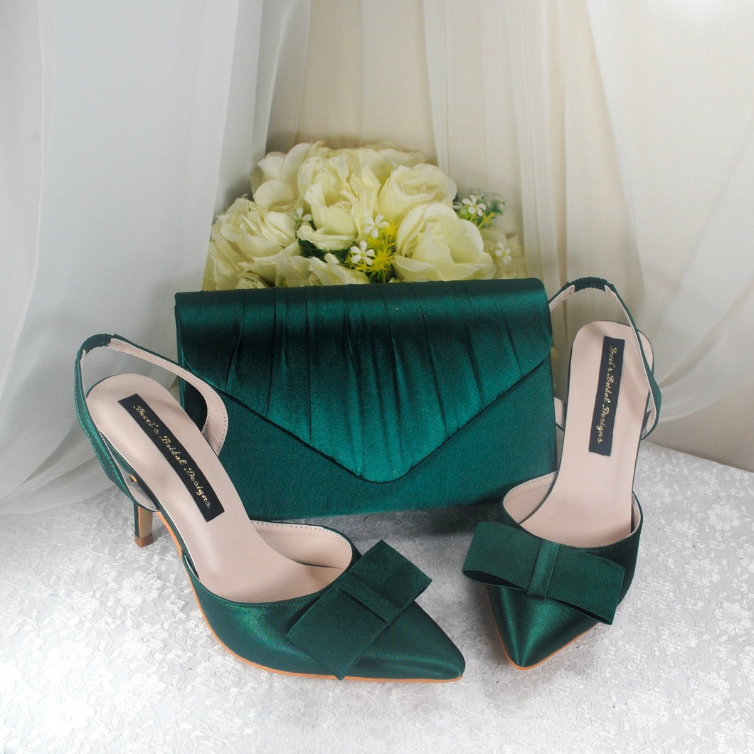 Emerald Green Satin Sling backs & Matching Bag