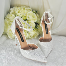 Load image into Gallery viewer, White Glitter Wedding Sandals with Silver &#39;Cherry Blossom&#39;
