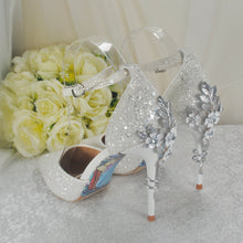 Load image into Gallery viewer, White Glitter Wedding Sandals with Silver &#39;Cherry Blossom&#39;
