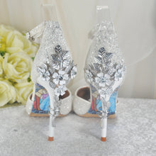 Load image into Gallery viewer, White Glitter Wedding Sandals with Silver &#39;Cherry Blossom&#39;
