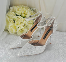 Load image into Gallery viewer, White Glitter Wedding Sandals with Silver &#39;Cherry Blossom&#39;
